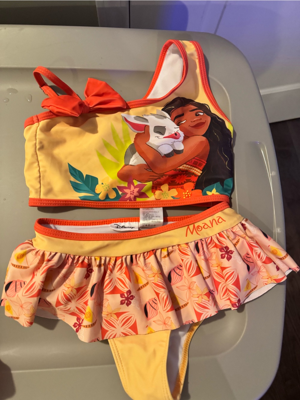 Disney Moana Girls Floral Ruffle Two-Piece Swimsuit - Yellow, Coral & Pink